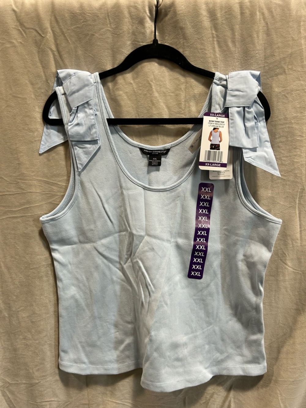 French Connection Light Blue Bow-Shoulder Ribbed Tank - Picture 1 of 4
